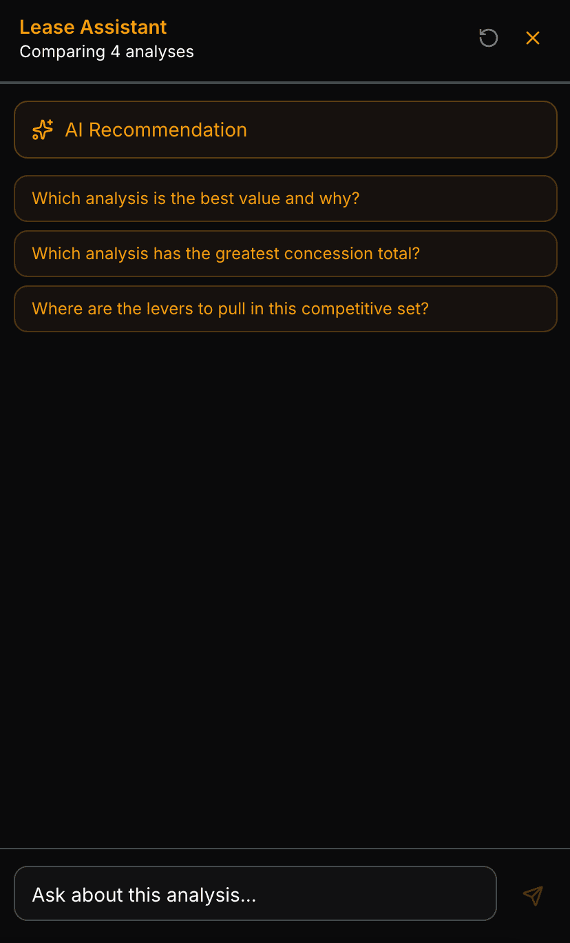 AI Assistant panel, natural language queries about lease analysis AI Assistant panel, natural language queries about lease analysis