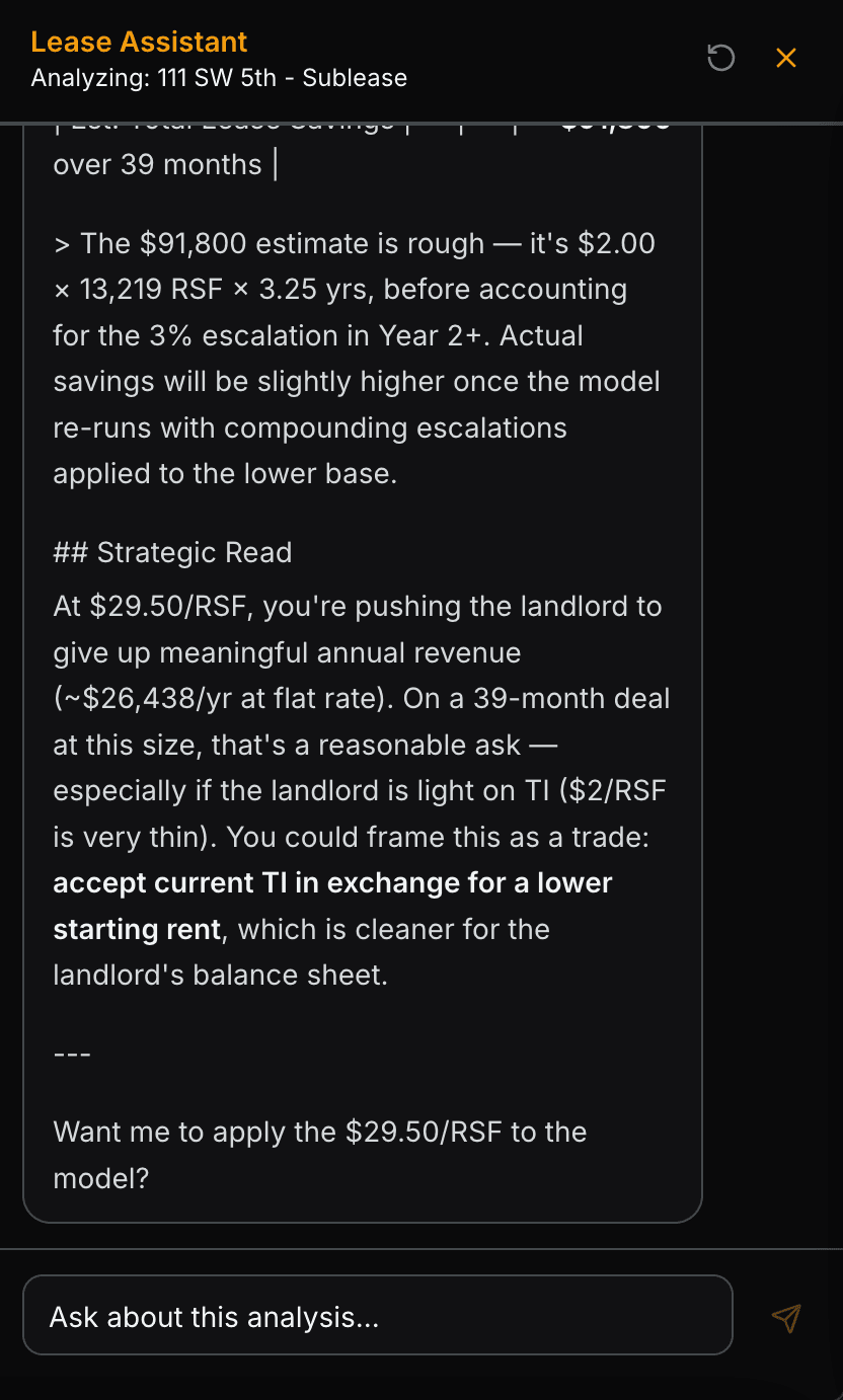 AI Assistant panel — continued conversation with lease analysis