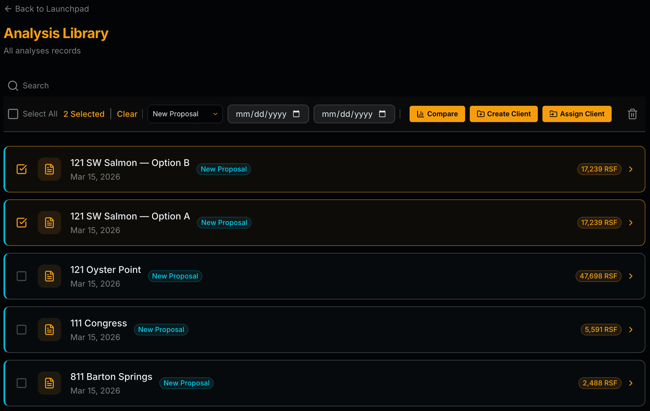Analysis Library — searchable list of all analyses with filters