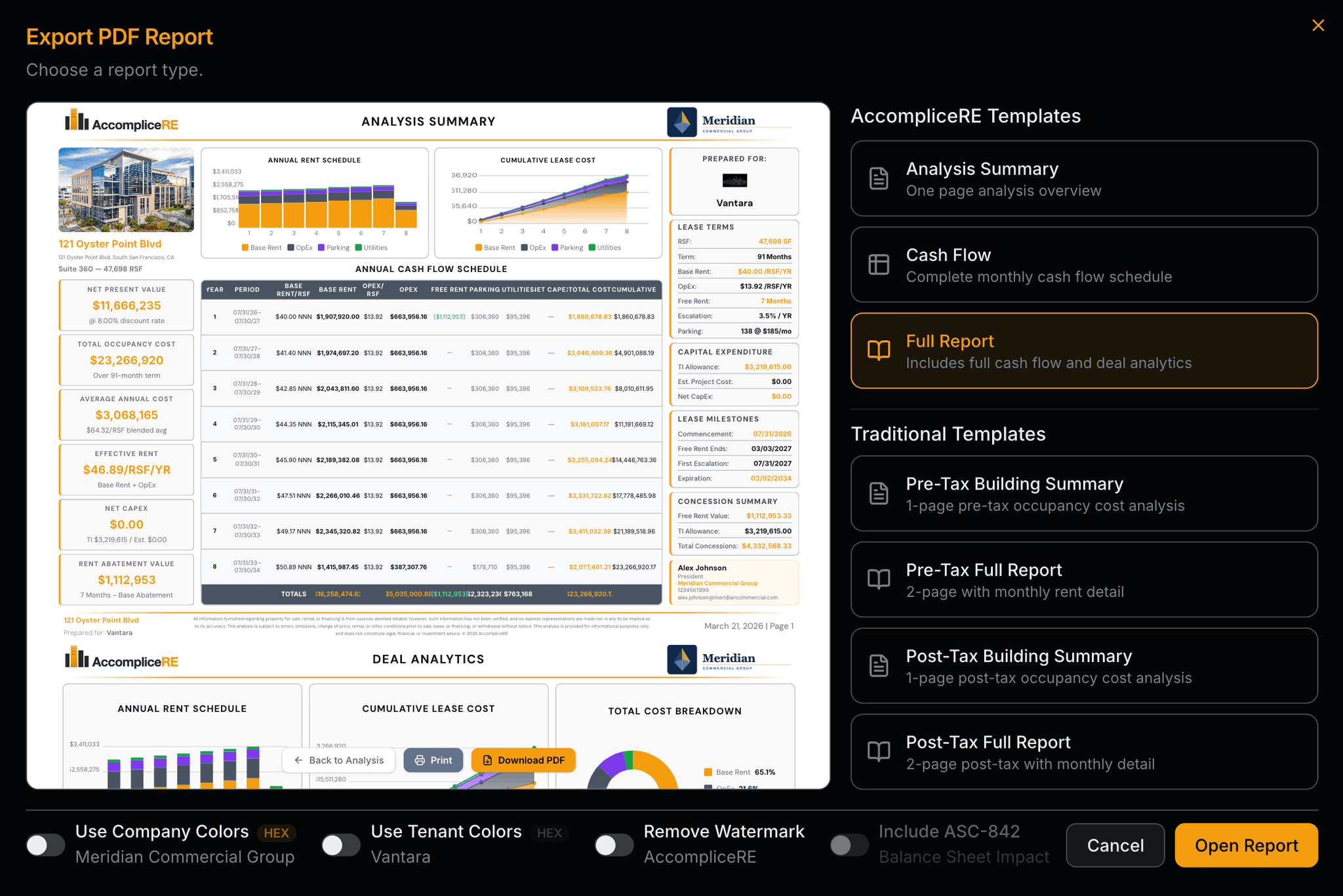 PDF export modal, Analysis Summary, Cash Flow, and Full Report formats PDF export modal, Analysis Summary, Cash Flow, and Full Report formats