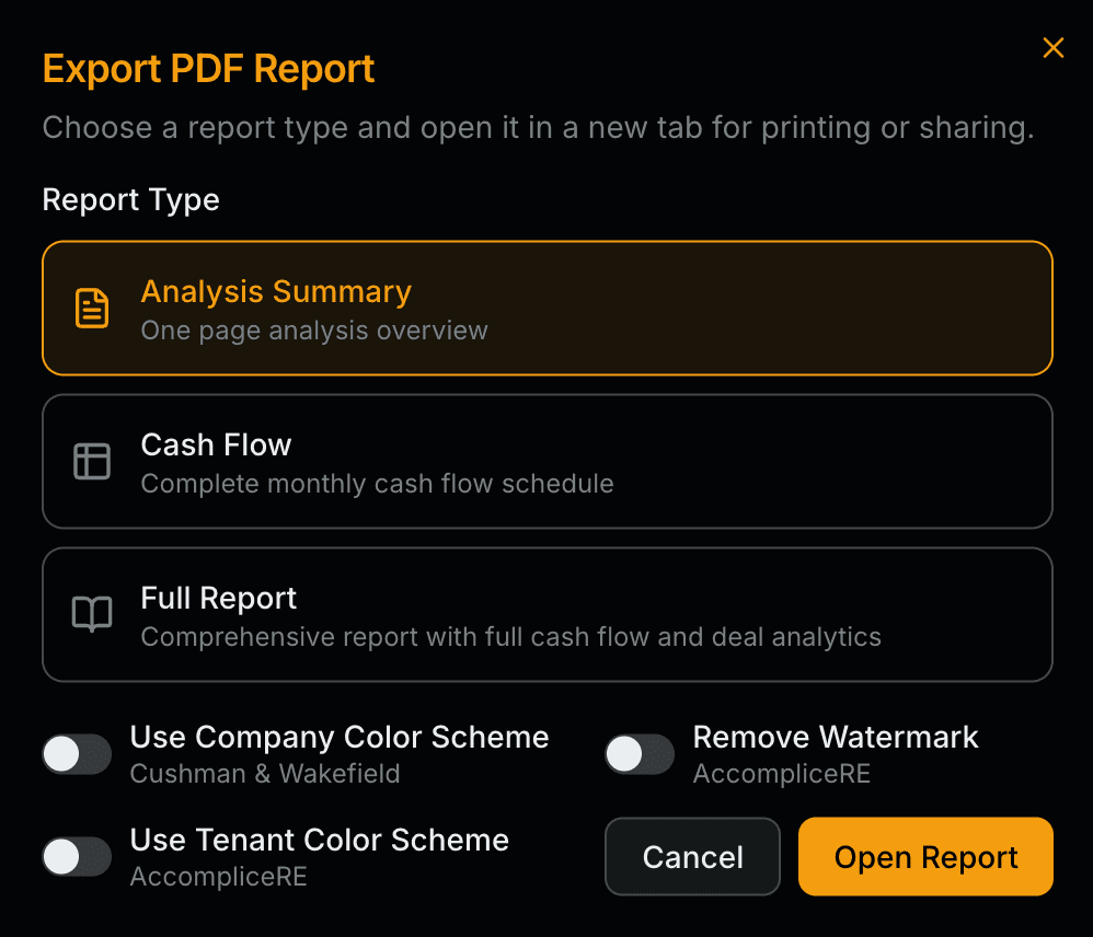PDF export modal — Analysis Summary, Cash Flow, and Full Report formats